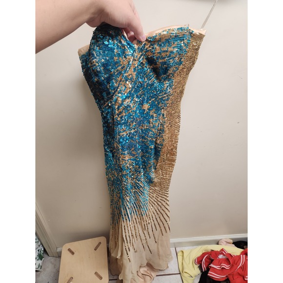 Lara Design Gown Dress Strapless Sequin Teal Gold Formal Evening Party - Picture 1 of 9